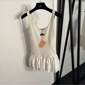 Miu Miu Knit Tank Top White Ruffle Hem Slim Fit